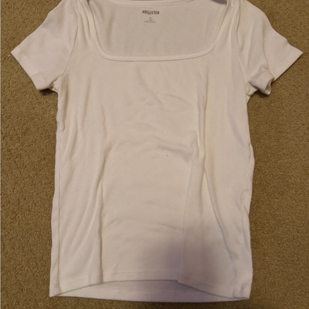 Hollister White Square Neck Ribbed Short Sleeve Tee